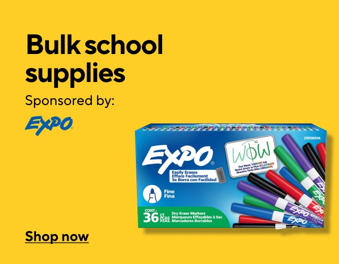 Bulk school supplies. Sponsored by Expo. Shop now. Image of 36/pk assorted Expo dry erase markers on yellow background