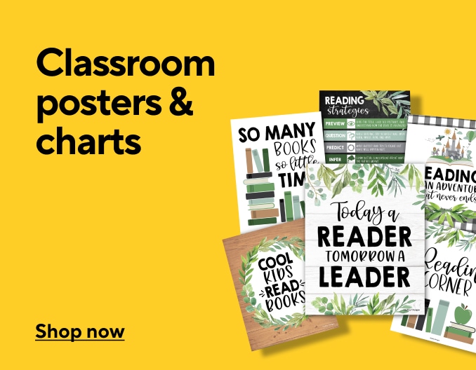 Classroom posters and charts. Shop now. Image of a collection of posters on a yellow background.