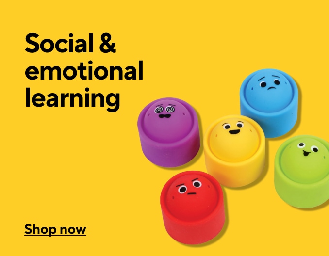 Social and Emotional learning. Shop now. Image of puppets with different emotions on their face on yellow background