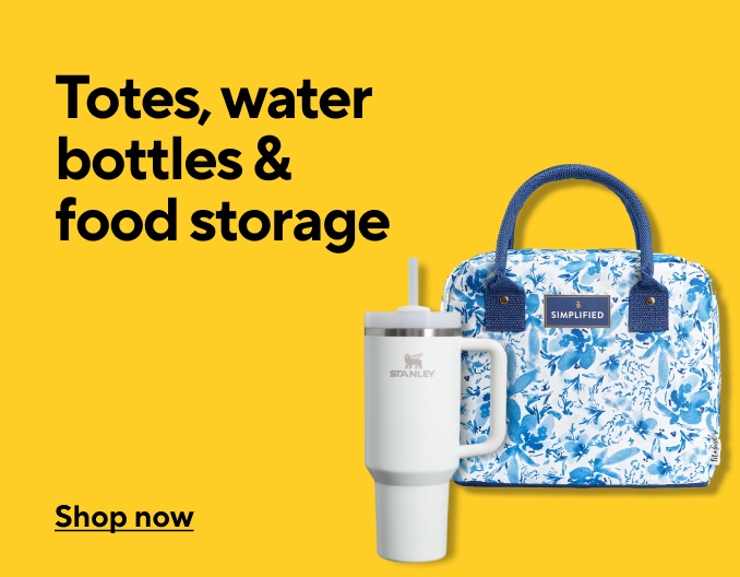 Totes waterbottles, and food storage. Image of patterned lunch bag and reusable water bottle.