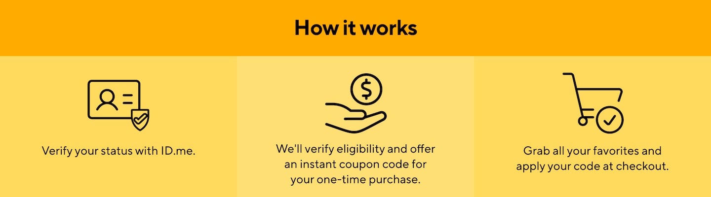 How it works. Get verified, receive one time use coupon, Shop and apply coupon at checout.