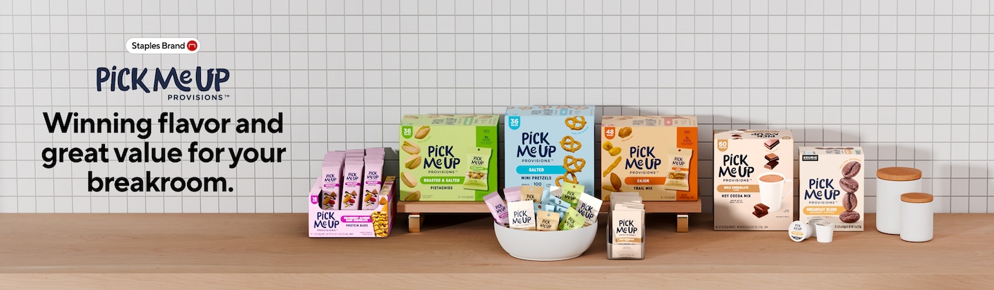 Staples Brand. Pick Me Up Provisions™. Winning flavor and great value for your breakroom.