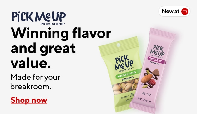 Pick Me Up Provisions snacks. Text reads: Winning flavor and great value. Made for your breakroom. Includes images of Roasted & Salted Pistachios and Protein Bar. New at Staples. Link: Shop now.