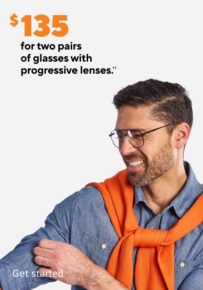 $135 for two pairs of glasses with progressive lenses. Text includes "Get started"