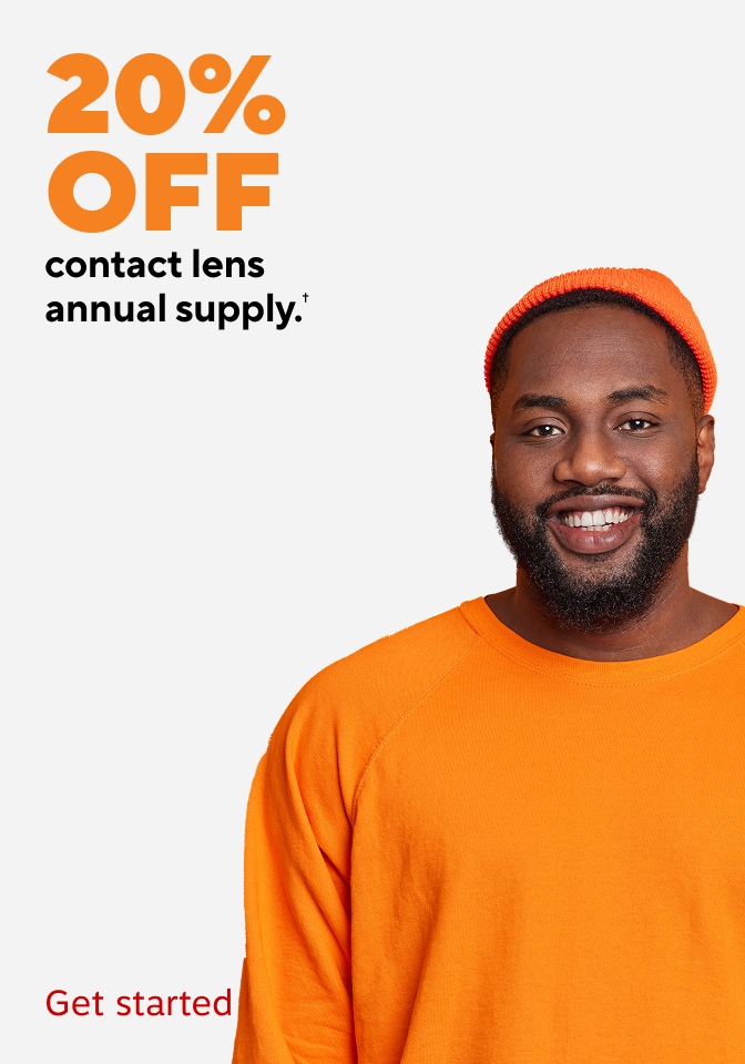 20% off contact lens annual supply. Text includes "Get started"
