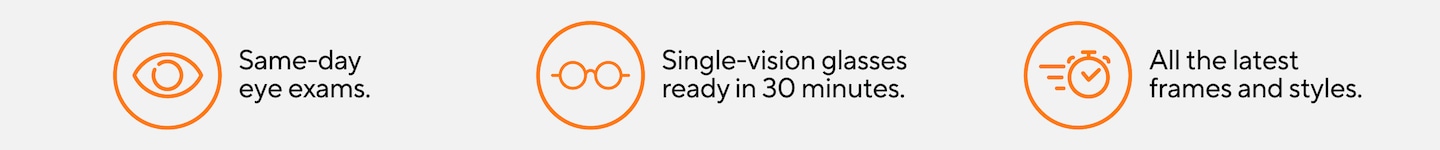 Three orange icons with text: Same-day eye exams. Single-vision glasses ready in 30 minutes. All the latest frames and styles.