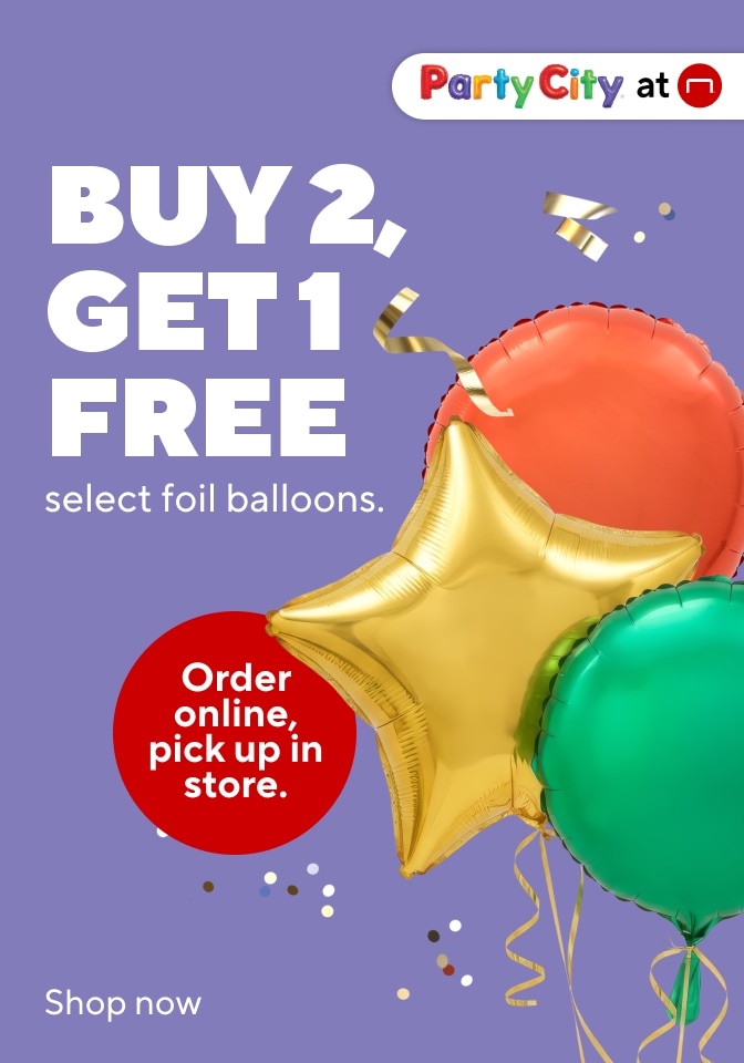 Buy 2, Get 1 Free balloons offer ARIA label: Party City at Staples promotion reading “Buy two, get one free” on select foil balloons. Discount applies to the lowest‑priced item. Image shows colorful star‑shaped balloons with confetti accents. Redeem now.