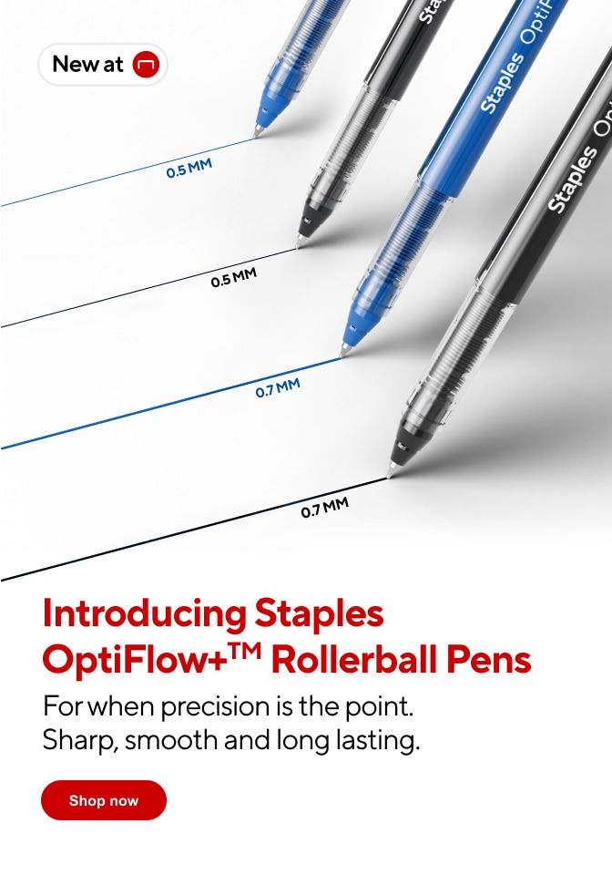 introducing Staples OptiFlow+ Rollerball Pens