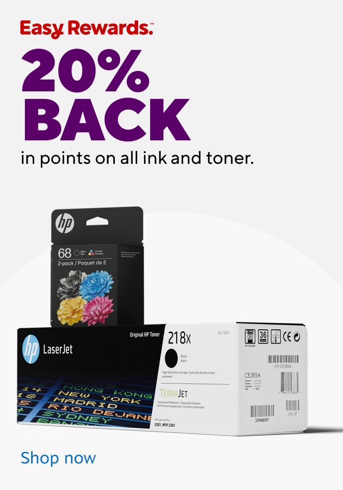 Easy rewards. 20% back in points on all ink and toner. Online and In store. Image of HP Ink and Toner. Shop now.