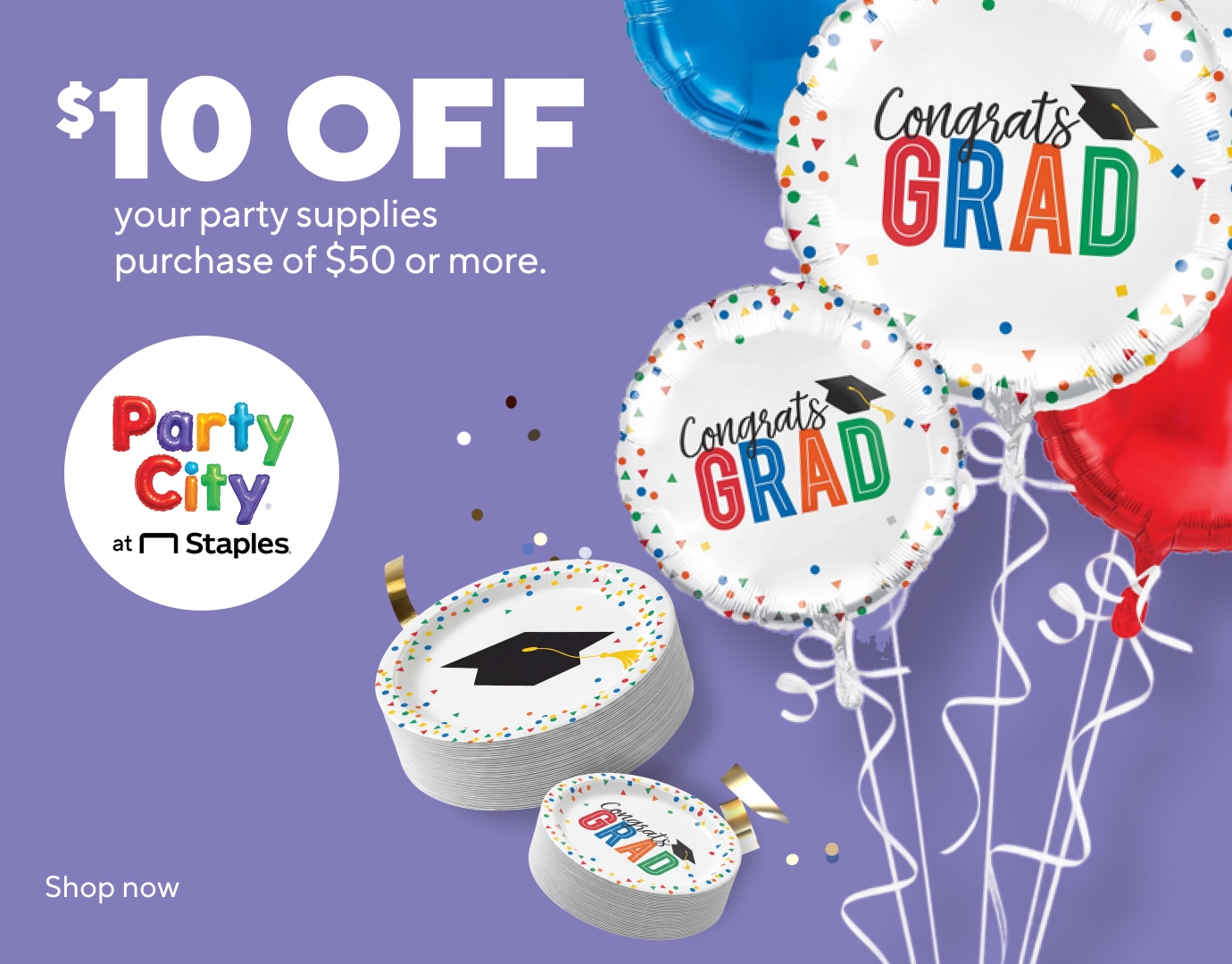 $10 off your party supplies purchase of $50 or more. Image of party supplies. Shop now.