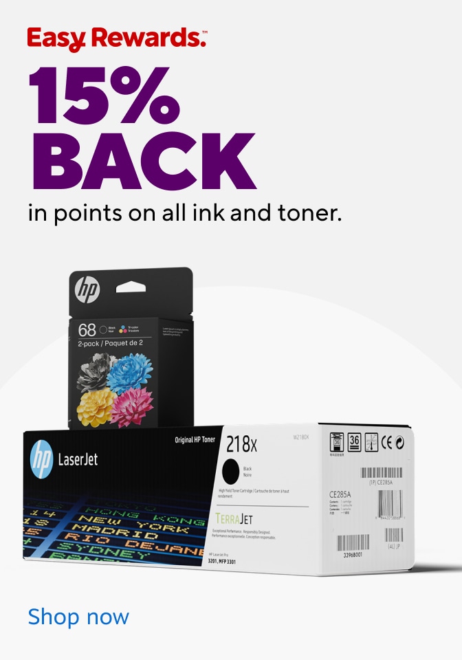 15% back in points on all ink and toner. Online and In store. Image of HP Ink and Toner. Shop now.