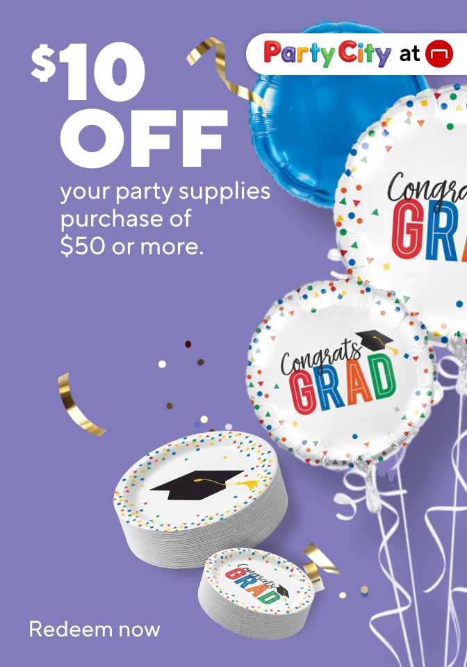 $10 OFF Party City promotion ARIA label: Party City at Staples promotion offering five dollars off a party supply purchase of twenty‑five dollars or more. Image shows graduation‑themed paper plates with confetti accents and the text “$10 OFF your party supply purchase of $50 or more.” Redeem now.