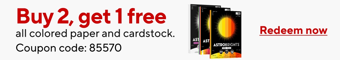 Buy 2 get 1 free all colored paper and cardstock. Coupon code:85570. Redeem now