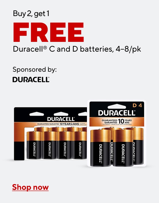 Buy 2, get 1 Free Duracell C and D batteries, 4-8/pk Sponsored by: Duracell; Shop now