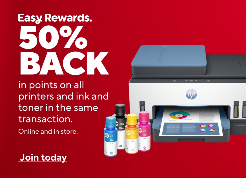 Easy Rewards. 50 percent BACK in points on all printers and ink and toner in the same transaction. Online and in store. Join today.