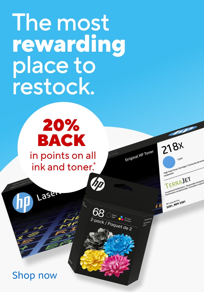 Easy rewards. 20% back in points on all ink and toner. Online and In store. Image of HP Ink and Toner. Shop now.