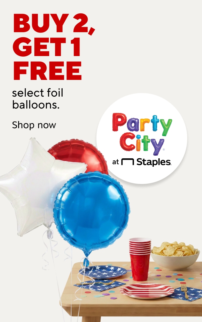 $5 off your party supplies purchase of $25 or more. Image of table with red, white and blue decor. Shop now. Party city at Staples.