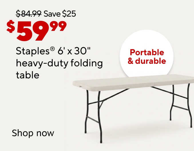 Durable portable & event ready. Image of folding table with tablet on top.