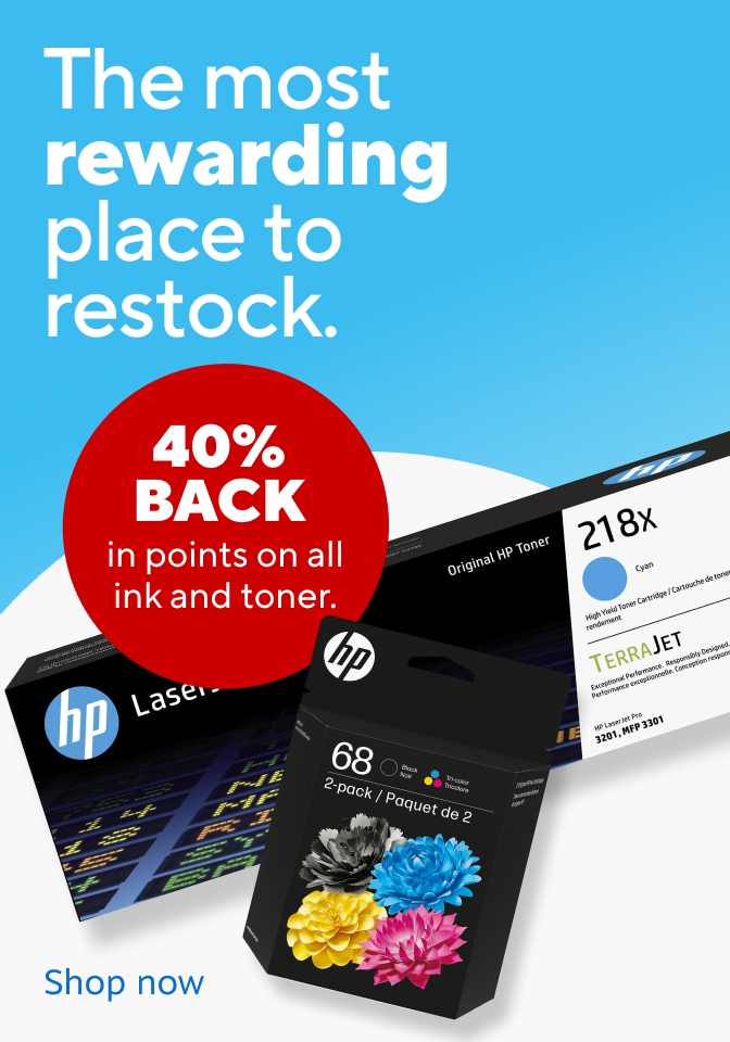 The most rewarding Place to restock. 40% Back in points on all ink and toner. Shop Now