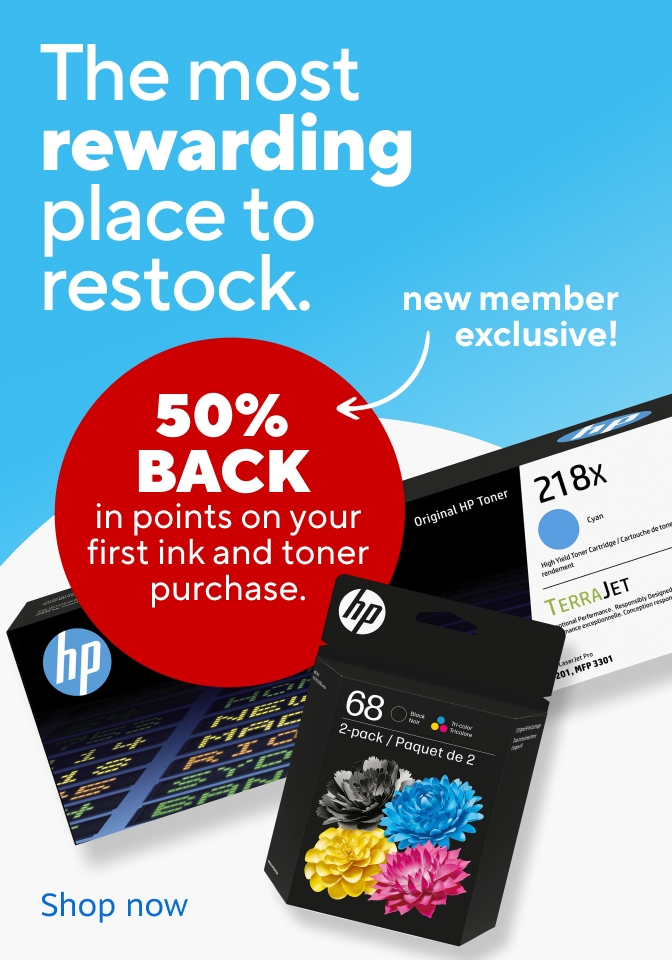 The most rewarding place to restock. 50% back in points on your first ink and toner purchase. New member exclusive! Shop now.