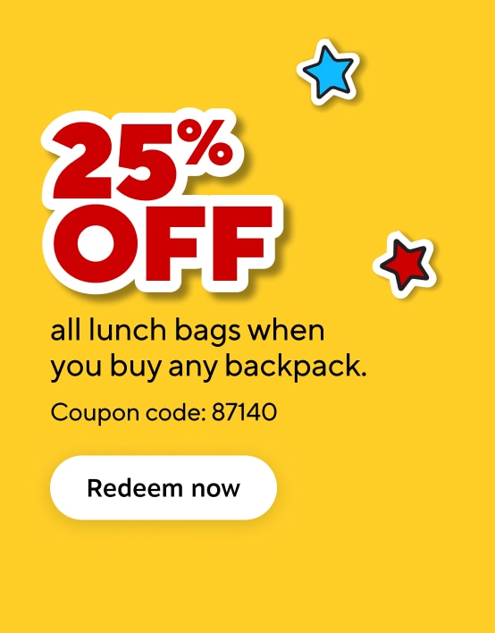 25% of all lunch bags when you buy any backpack. Coupon code 87140. Redeem now