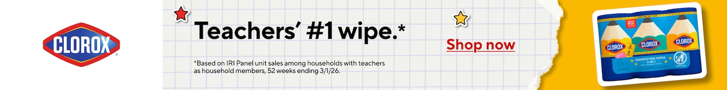 Teachers #1 wipe. Shop now. Based on IRI panel unit sales among households with teachers as household members, 52 weeks ending 3/1/26.