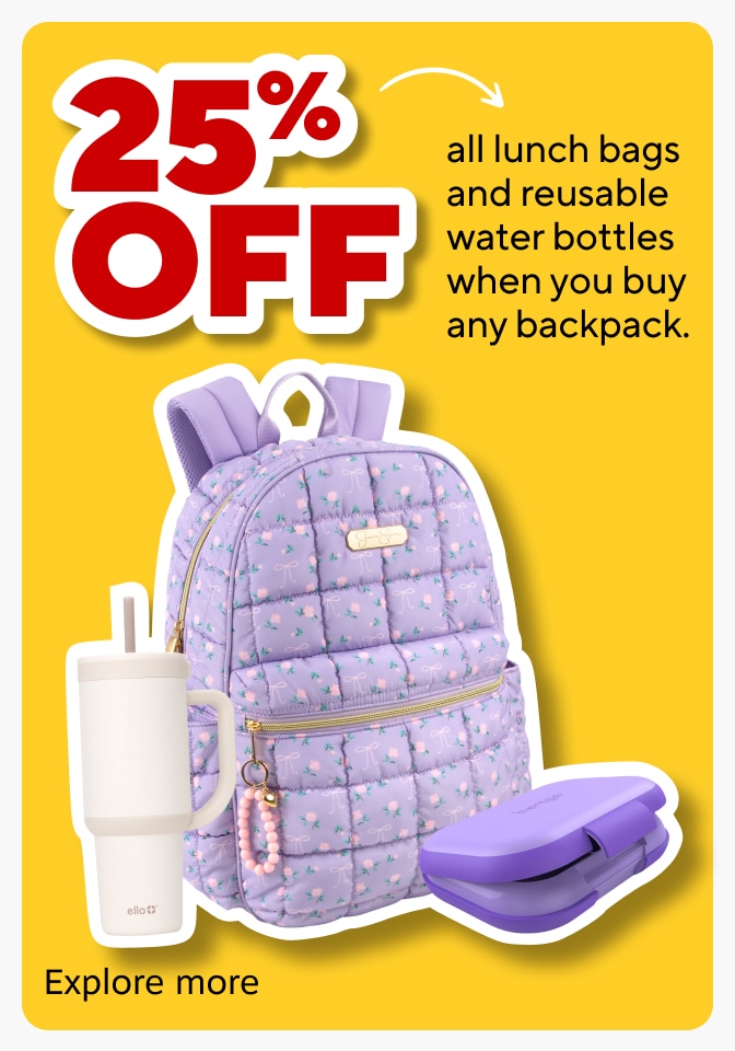 25% off all lunch bags and reusable water bottles when you buy any backpack. Coupon code: 87140 Redeem now