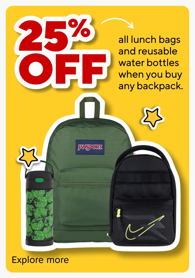25% off all lunch bags and reusable water bottles when you buy any backpack. Coupon code: 87140 Redeem now