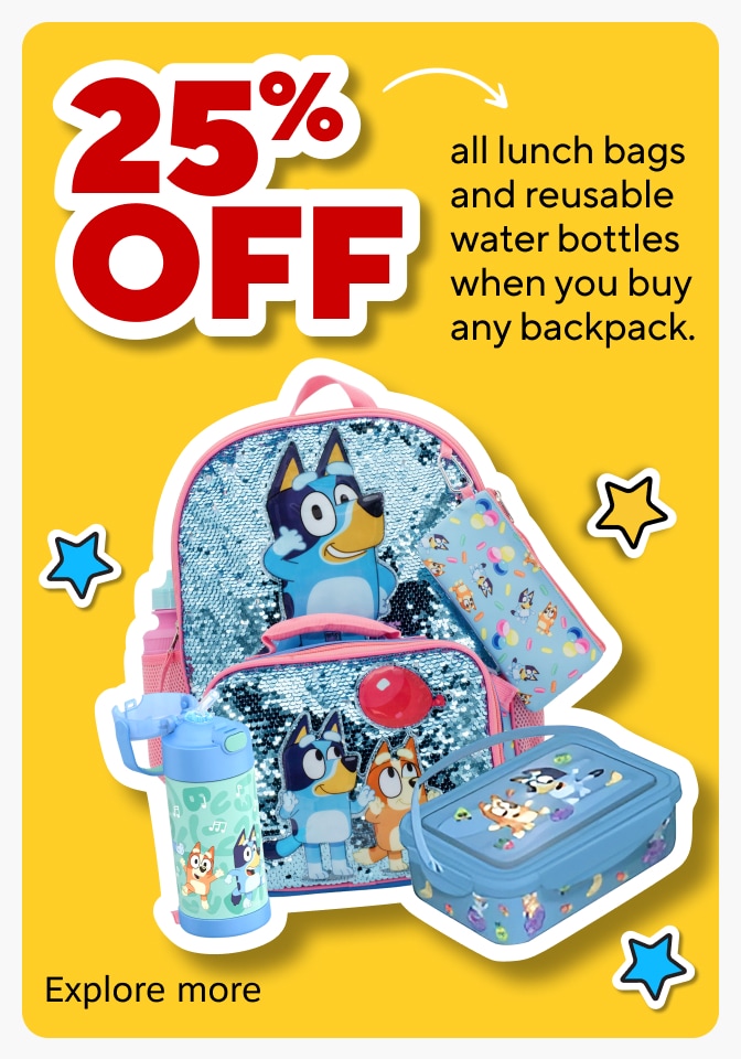 25% OFF all lunch bags and reusable water bottles when you buy any backpack. ☆ Explore more ☆