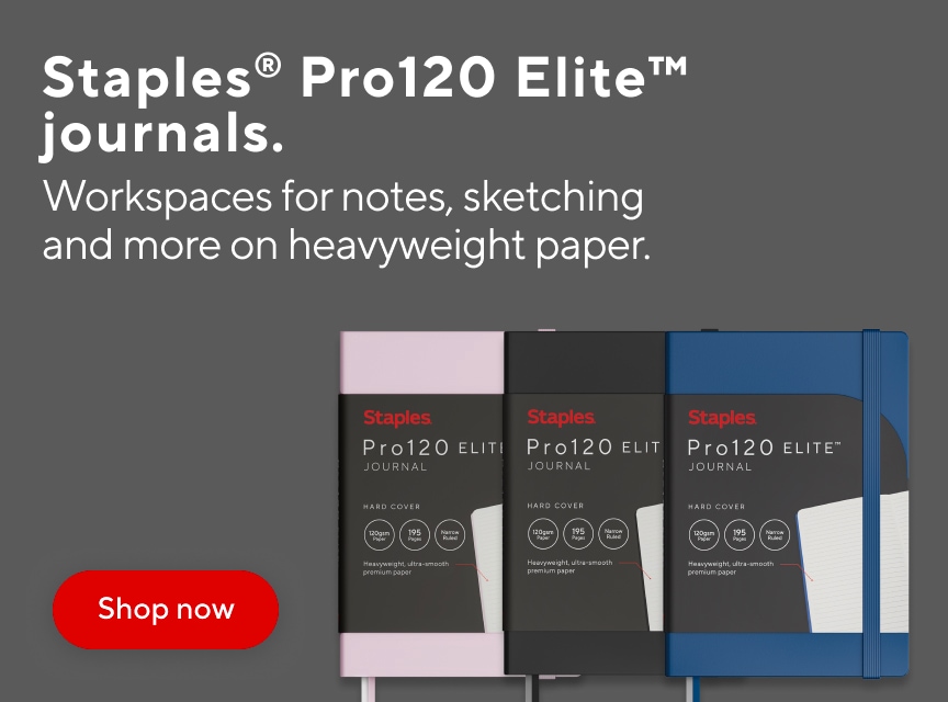 Staples® Pro120 Elite™ journals. Visible text reads “Staples® Pro120 Elite™ journals. Workspaces for notes, sketching and more on heavyweight paper.” Three Staples Pro120 Elite journals in assorted colors are displayed beside a red Shop now button. Shop premium journals designed for note-taking, sketching, planning, and everyday writing.