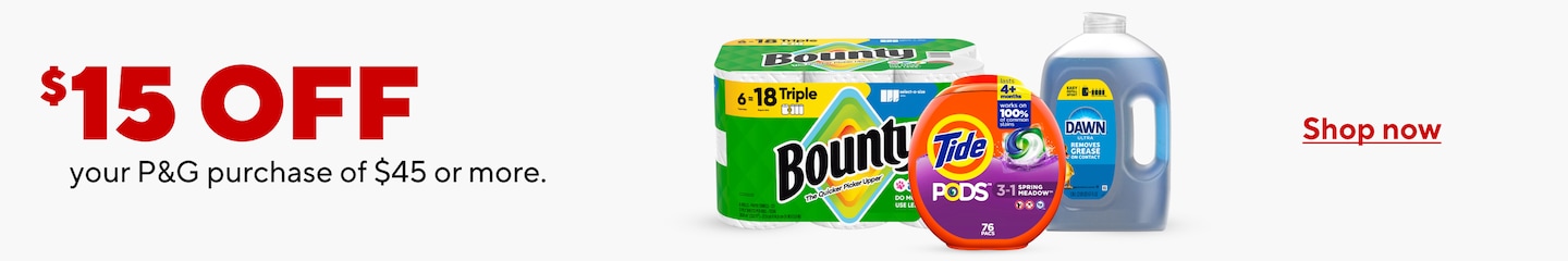 $15 off your P&G Purchase of $45 or more. Shop now.
