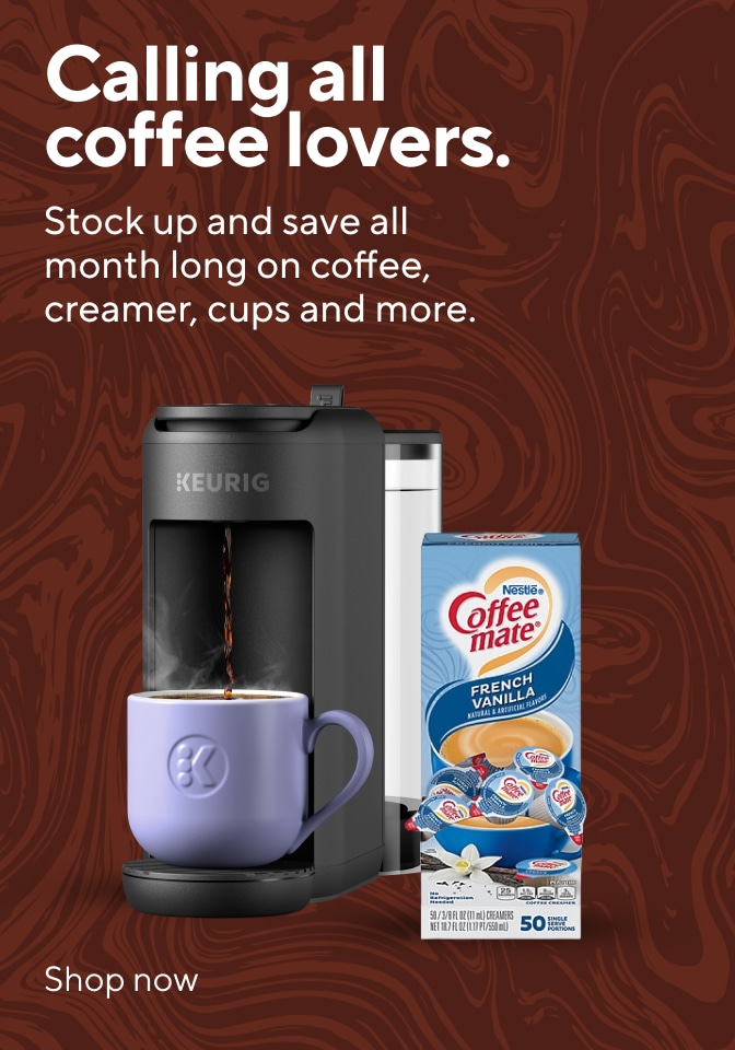 calling all coffee lovers. Sikelel a0) ol- Tale mct-\V--1 | rnakeyaldantelarekelamexe)ai-\-¥ creamer, cups and more