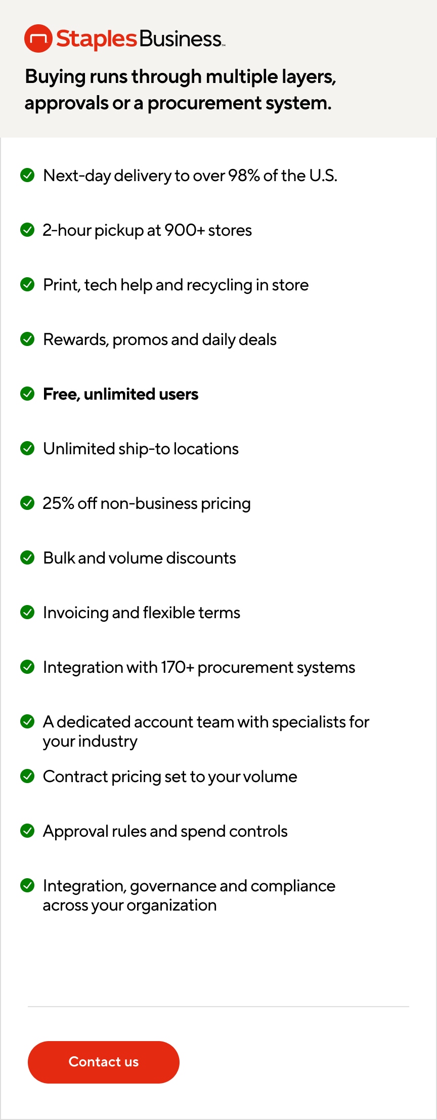 Staples Business procurement solutions banner featuring the Staples Business logo and the headline: “Buying runs through multiple layers, approvals or a procurement system.” A checklist of business purchasing benefits includes: next-day delivery to over 98% of the U.S., 2-hour pickup at 900+ stores, print, tech help and recycling in store, rewards, promos and daily deals, free unlimited users, unlimited ship-to locations, 25% off non-business pricing, bulk and volume discounts, invoicing and flexible terms, integration with more than 170 procurement systems, a dedicated account team with specialists for your industry, contract pricing based on purchase volume, approval rules and spend controls, and integration, governance and compliance across your organization. Green checkmark icons appear beside each benefit. A red button at the bottom is labeled “Contact us.”