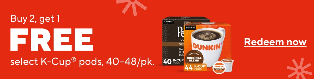 Buy 2 get 1 free select kcup pods, 40 to 48 pk. Redeem now