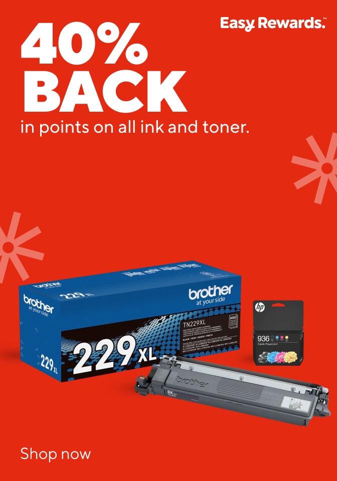 Easy Rewards. 40 percent BACK in points on all ink and toner. the most rewarding place to buy ink and toner. shop now