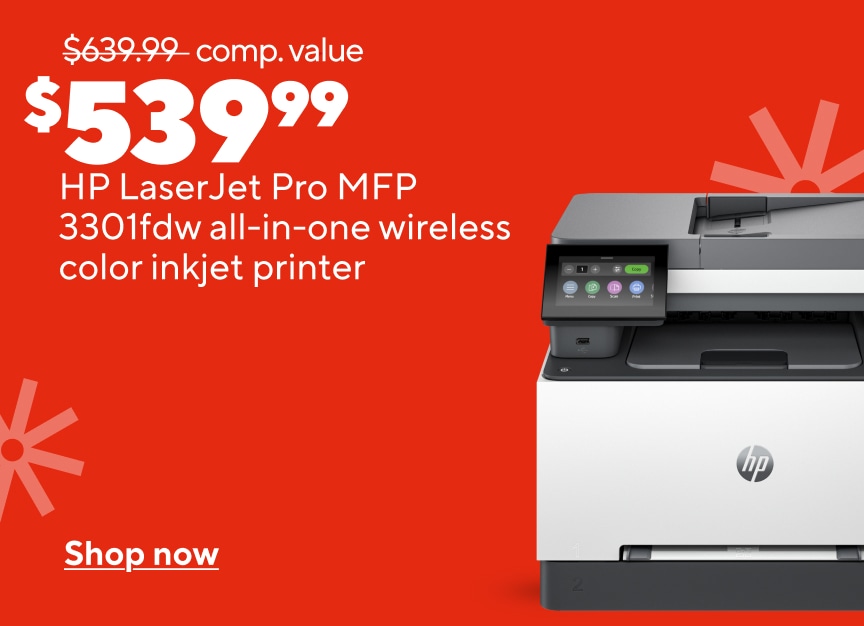 639.99 dollars comp value now 539.99 dollars hp laserjet pro mfp 3301fdw all in one wireless color inkjet printer