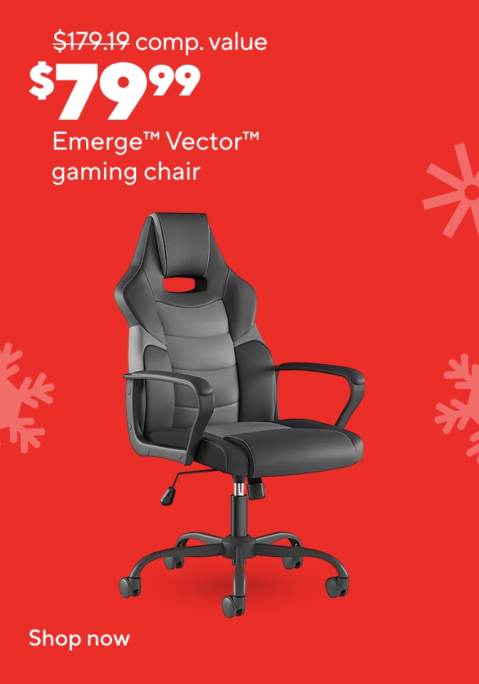 Emerge Vomax gaming chair. Price $189.99, compared to a $389.99 value. Adjustable gaming chair with padded seat, armrests, headrest, and five-wheel base. Shop now