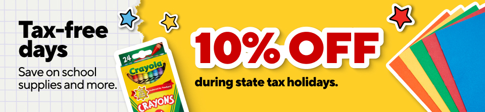 Tax-free days. Saved by the button. Ten percent off in store during tax-free days.